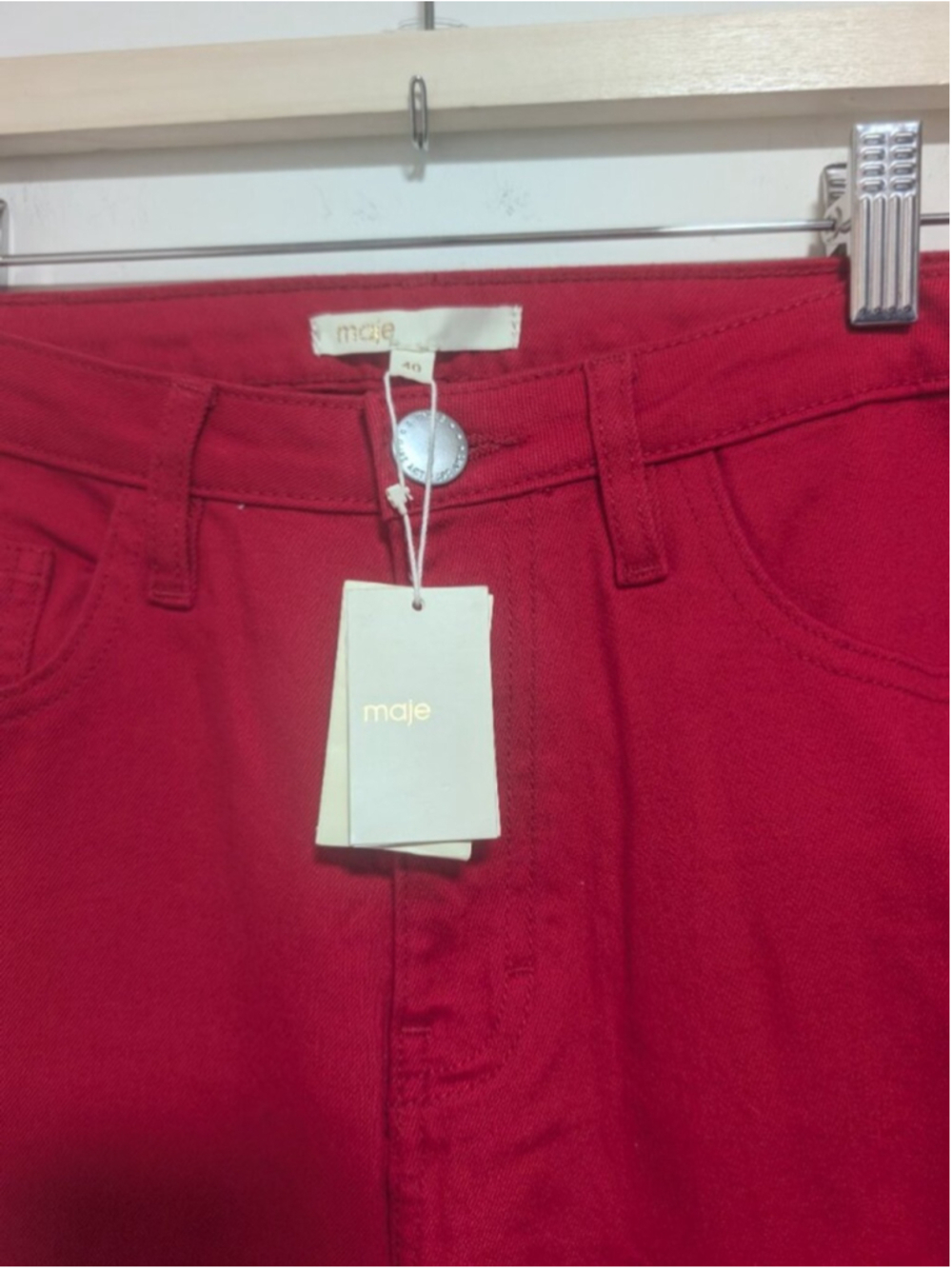 Maje | Pamier Rouge High Rise Wide Leg Jeans In Red - Picture 5 of 12